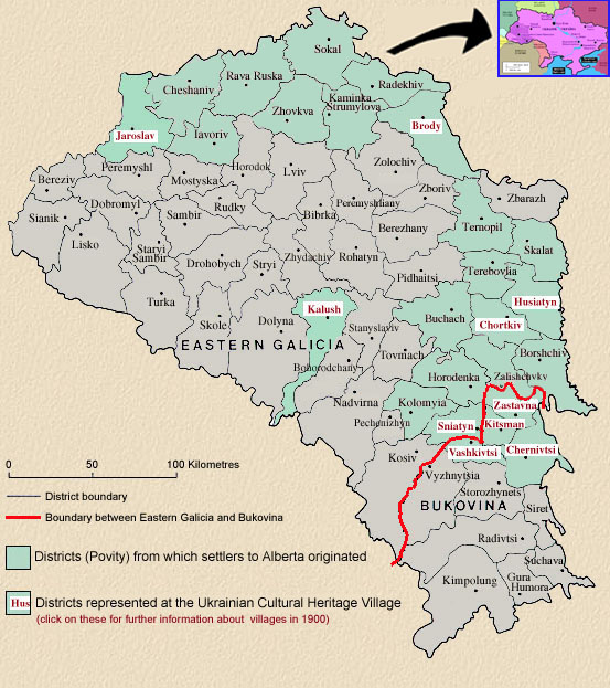 Clickable map of selected povity and villages in Bukovyna and Galicia ca. 1900