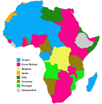 Map showing European claimants to the African continent in 1913.